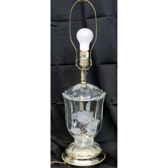 Vtg Frosted Glass Roses Clear Glass 25" Table Lamp No Shade - Picture 1 of 11